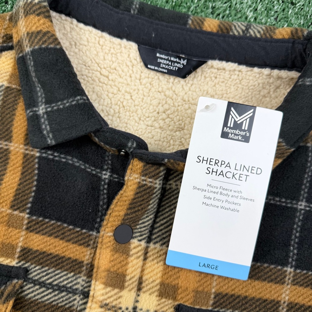 NWT Members Mark Mens Sherpa Lined Shacket Plaid Fleece Jacket Yellow Black L - Picture 3 of 6